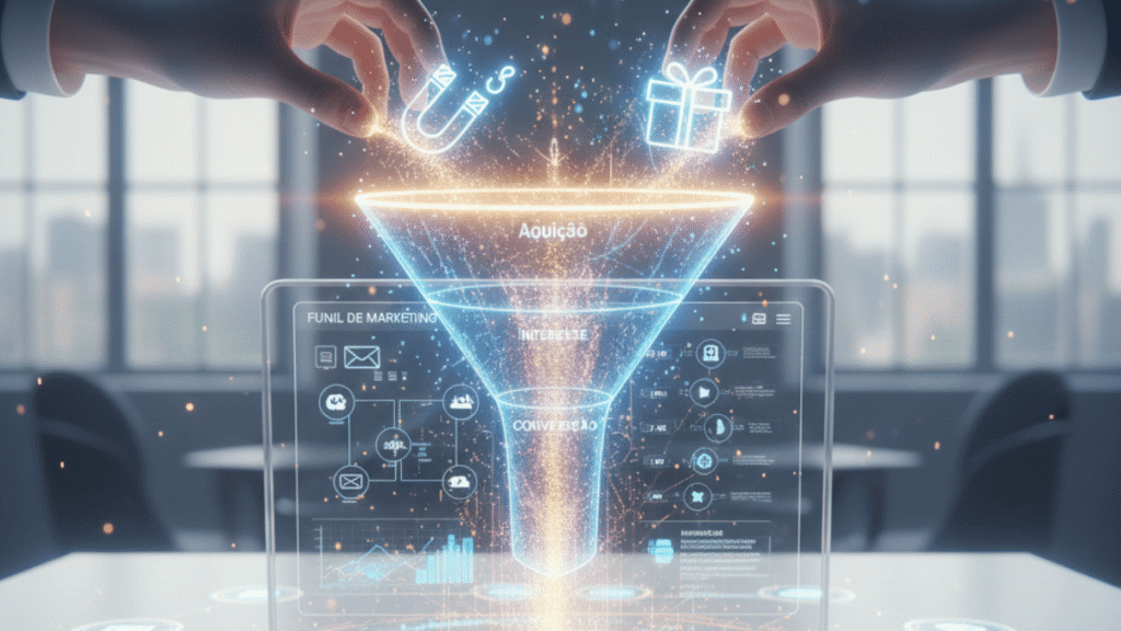 Ilustração de funil de marketing recebendo tráfego através de iscas digitais e ofertas no topo do funil