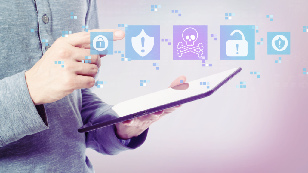 Pessoa interagindo com tablet e ícones digitais representando sistemas de classificação aplicados ao empreendedorismo online.