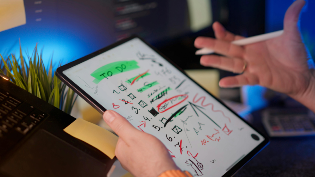 Pessoa analisando no tablet o mapeamento da jornada do cliente em um funil de marketing digital