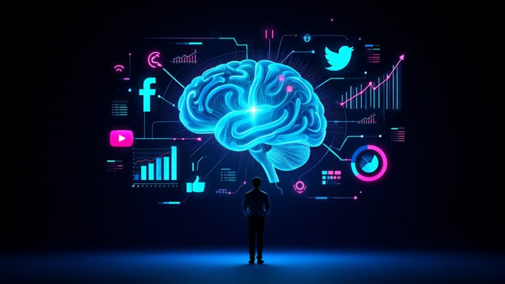 Virais e Ilustração de um cérebro digital conectado a redes sociais, destacando o papel da edição estratégica para algoritmos.