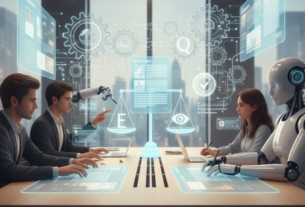 Equipe trabalhando com interfaces digitais, representando automação ética de blogs para aumentar produtividade e gerar renda online.