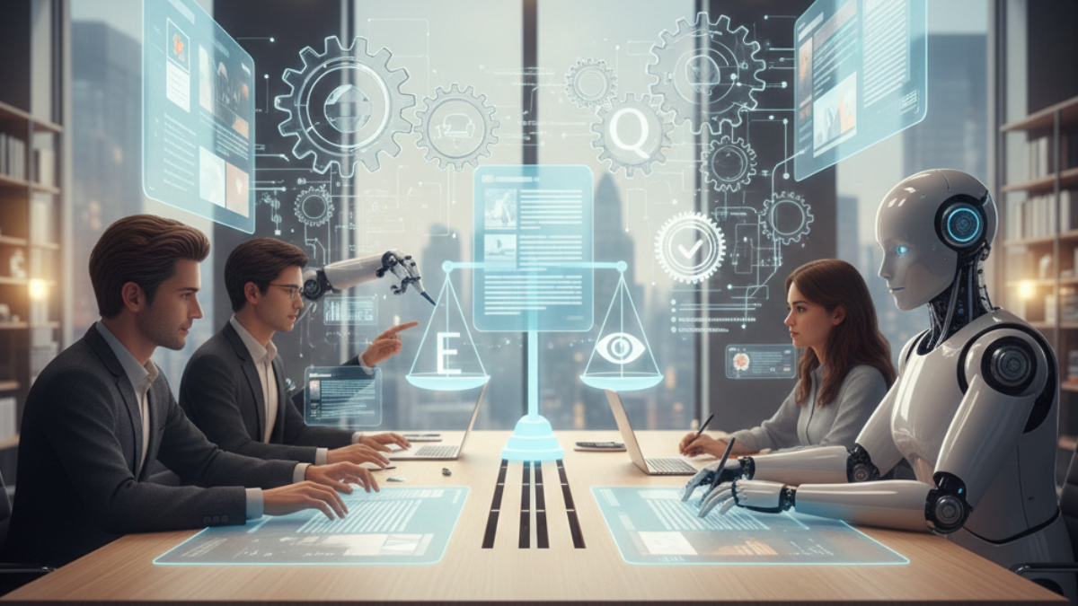 Equipe trabalhando com interfaces digitais, representando automação ética de blogs para aumentar produtividade e gerar renda online.