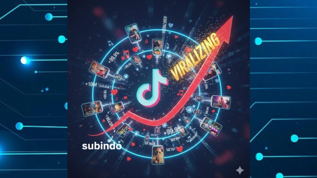 Infográfico digital com o logo do TikTok no centro, cercado por ícones de engajamento, gráficos de crescimento e uma seta vermelha apontando para cima.