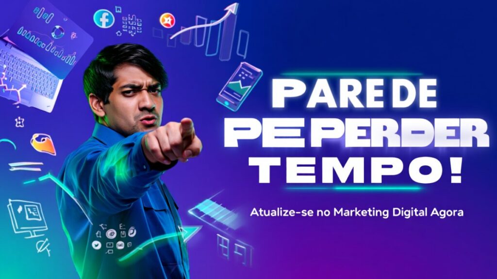 Homem apontando para o texto "Pare de perder tempo", destacando a importância de manter o conteúdo Atualizado para o tráfego orgânico.