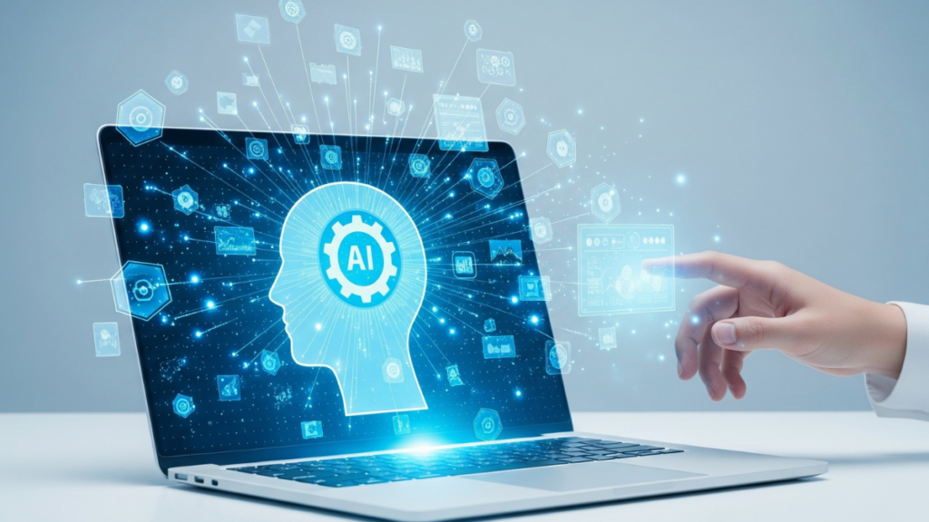 Interface digital com ícone de cadeado e pessoa usando tablet representando criação de agente de inteligência artificial para vendas