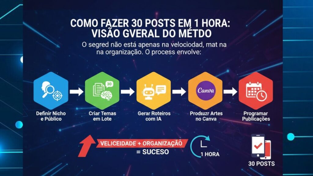 Infográfico detalhado apresentando um método para acelerar a criação de conteúdo, mostrando como produzir 30 posts em apenas 1 hora.