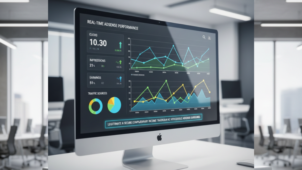 Workspace digital com gráficos e relatórios em tela grande, representando criação de conteúdo como fonte de renda online.