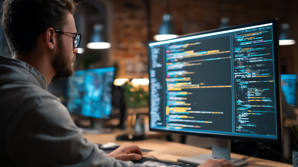 Equipe de criadores de conteúdo trabalhando em computadores com códigos e gráficos, representando o processo de escalar conteúdo com responsabilidade, qualidade e foco no usuário.