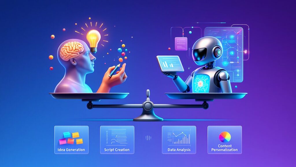 Ilustração comparativa entre a criatividade humana e o processamento de IA em uma balança, destacando os desafios éticos e cuidados ao automatizar um Quiz ou portal de notícias.