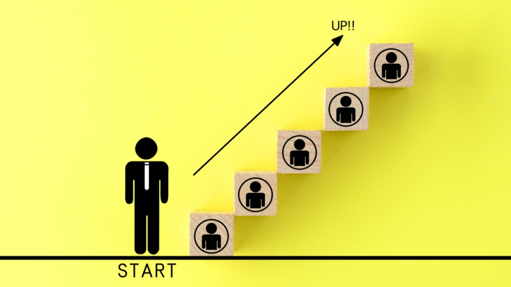 Pessoa iniciando jornada em escada com cinco etapas que simbolizam elementos para aumentar o engajamento no empreendedorismo online.