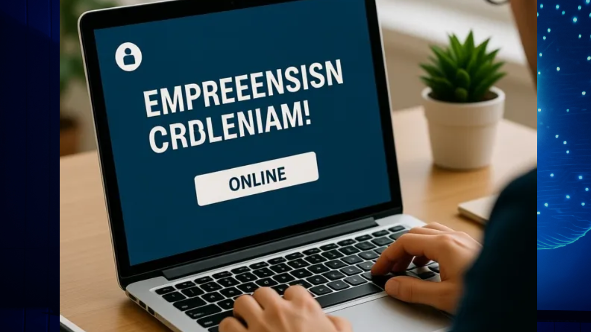 Livro sobre empreendedorismo online em uma mesa com laptop e planta, representando negócios digitais.