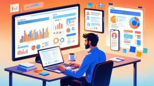 Infográfico sobre como criar um Quiz interativo para estratégias de personalização no marketing digital, mostrando análise de dados em telas.