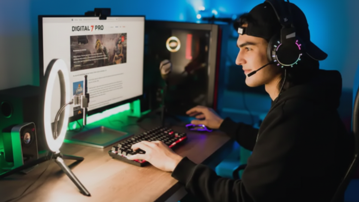 Gurus Dois jovens usando fones de ouvido em frente a computadores, jogando ou transmitindo online.