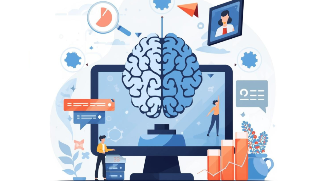 Ilustração de um cérebro conectado a elementos digitais, representando o uso da inteligência artificial no marketing digital e na criação de conteúdo educativo.
