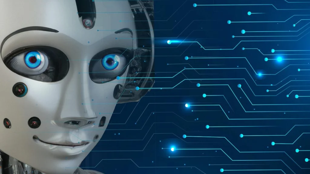 Rosto de um robô humanoide com olhos azuis expressivos, posicionado ao lado de um fundo digital com circuitos e conexões de dados.