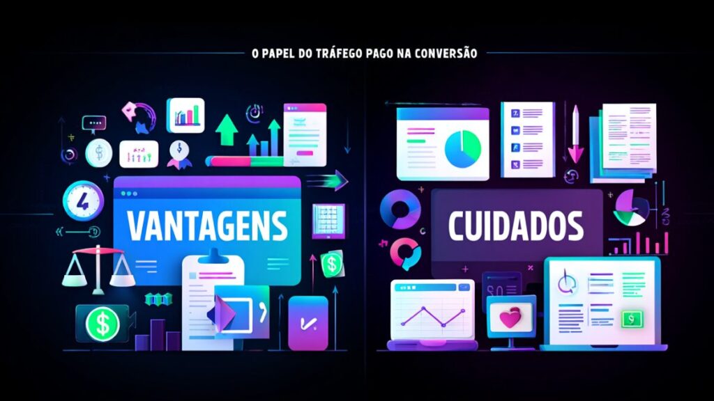 Infográfico comparando vantagens e cuidados do tráfego pago para converter mais Clientes.
