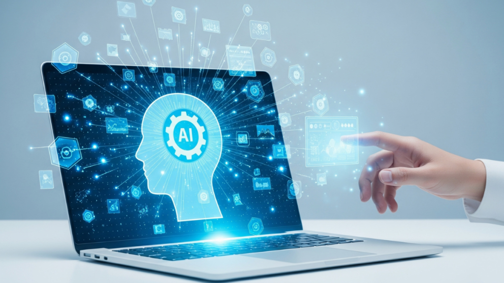 Mão apontando para holograma de inteligência artificial representando agentes de IA aplicados em vendas