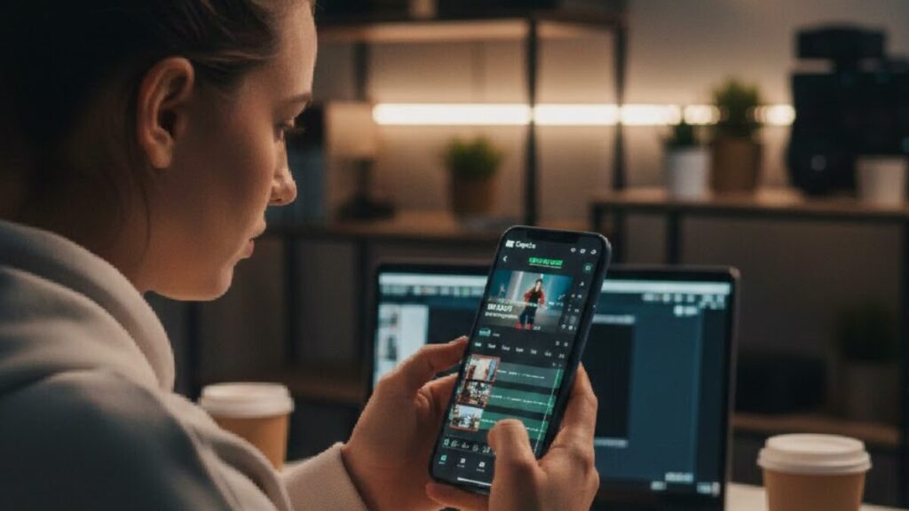 Pessoa analisando o feed de uma rede social em um smartphone à noite, cercada por telas de notebook, focada na estratégia de criação de conteúdo.