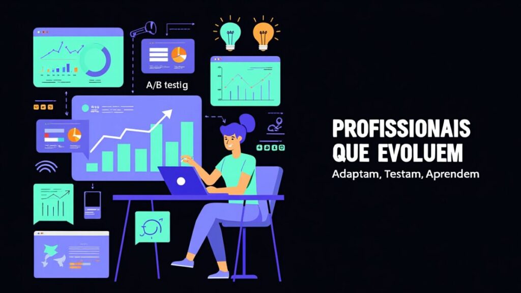 Ilustração de uma profissional em um ambiente digital dinâmico, representando a evolução constante para se manter Atualizado.