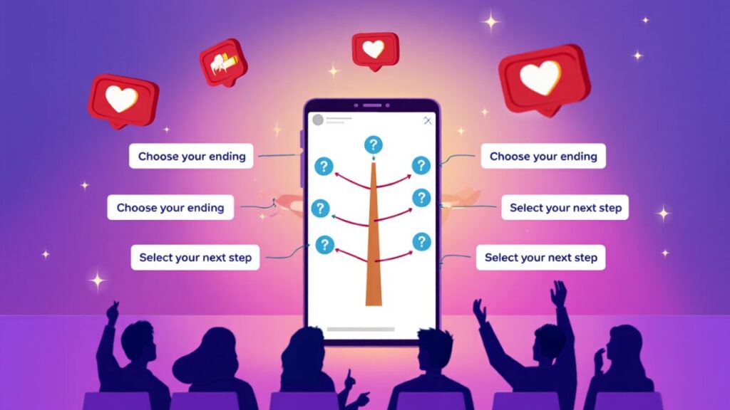 Ilustração de Storytelling Interativo em um smartphone, mostrando o engajamento de uma audiência através de elementos como um Quiz e mídias sociais