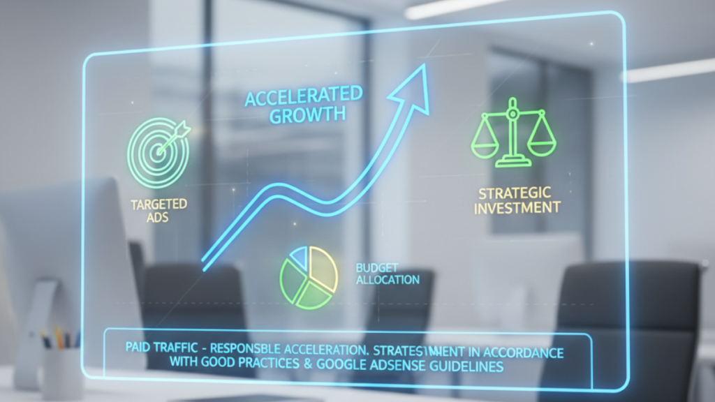 Dashboard digital com gráficos e dados, representando tráfego pago como estratégia de aceleração responsável para negócios online.