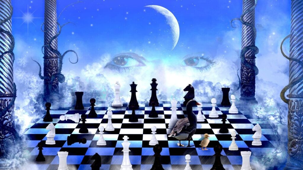 Um tabuleiro de xadrez flutuante sob um céu noturno com uma lua crescente, simbolizando estratégia e visão de longo prazo no ambiente digital.