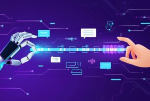 Ilustração futurista mostrando a interação entre uma mão humana e uma robótica através de uma linha do tempo, representando a edição de conteúdo assistida por IA para reduzir o abandono de usuários.