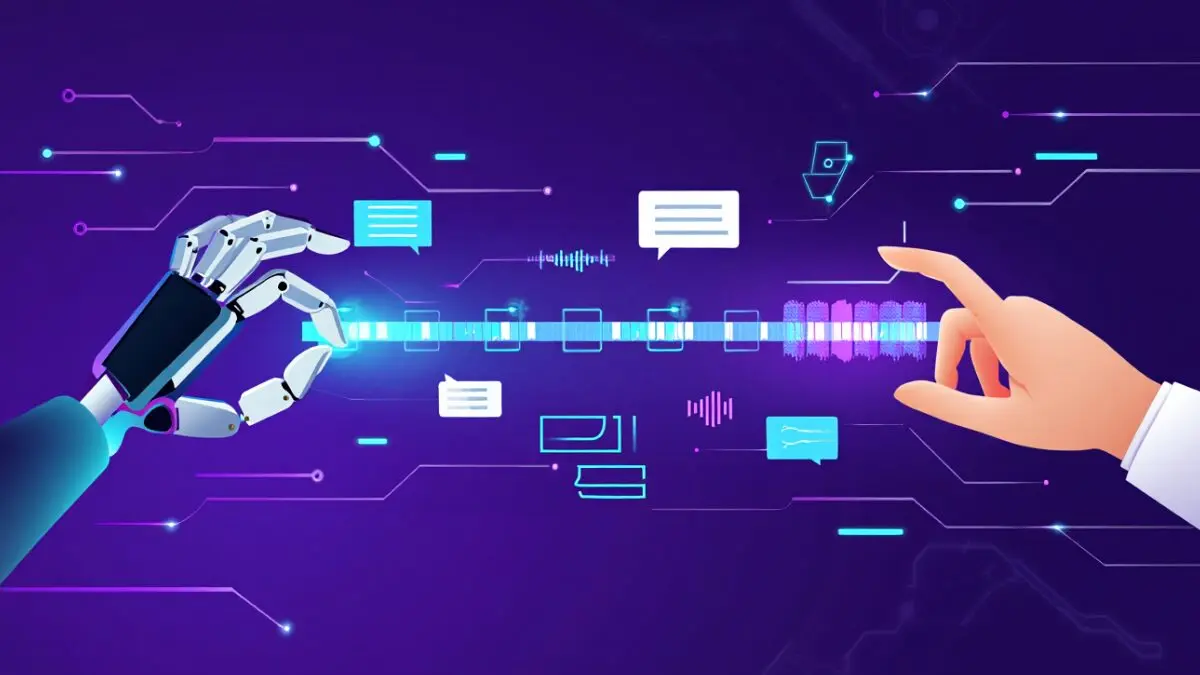 Ilustração futurista mostrando a interação entre uma mão humana e uma robótica através de uma linha do tempo, representando a edição de conteúdo assistida por IA para reduzir o abandono de usuários.