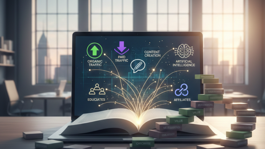 Ilustração digital com livro e ícones de tecnologia, representando educação online, geração de valor e respeito ao usuário final.