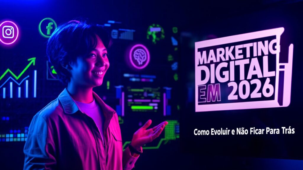 Mulher visualizando painel de marketing digital em ambiente tecnológico e Atualizado.
