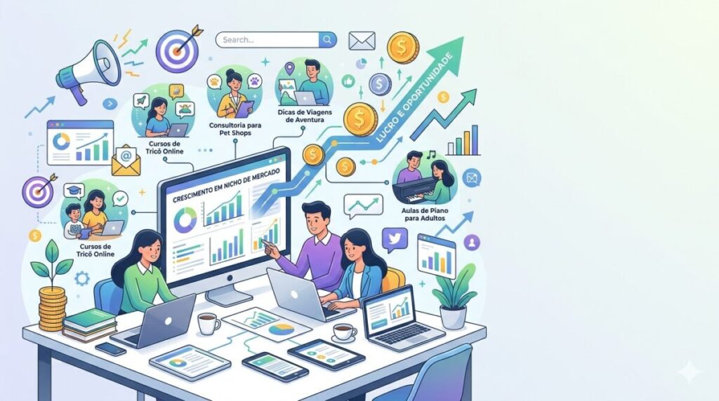 ilustração moderna e profissional para um artigo de blog sobre micro nichos digitais.