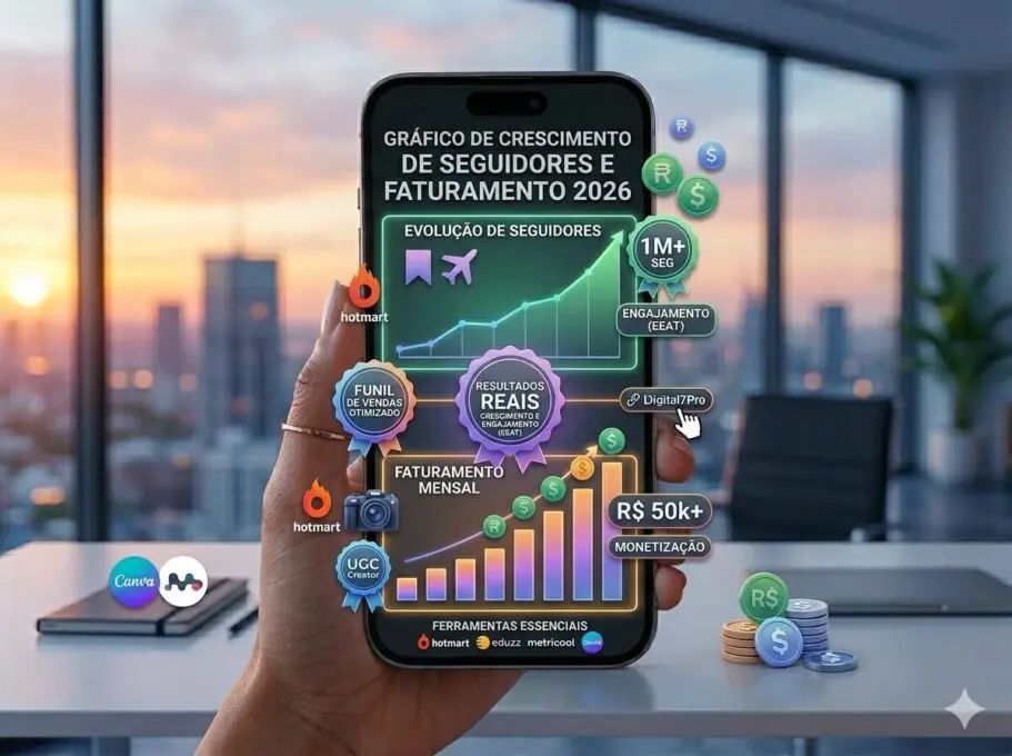 “Gráfico de crescimento de seguidores e faturamento no Instagram em 2026