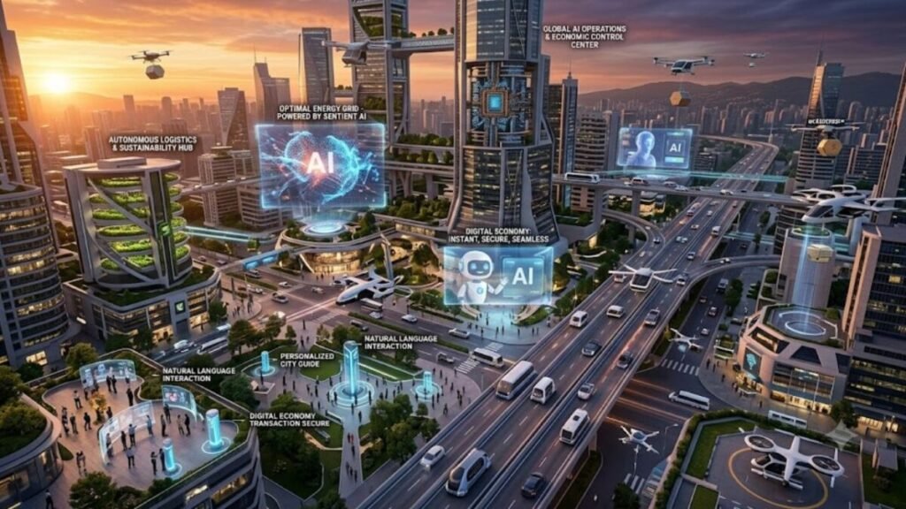 Cidade inteligente conectada por agentes de inteligência artificial oferecendo atendimento automatizado, de IA no marketing suporte ao cliente e comunicação em tempo real.