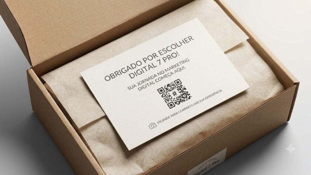 Cartão físico de agradecimento personalizado dentro de uma embalagem de produto com QR Code estratégico para incentivar o envio de conteúdo gerado pelo usuário.