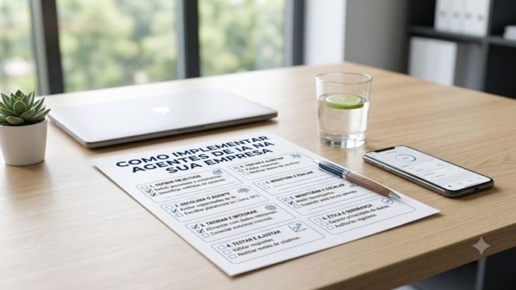 Checklist com etapas para implementar agentes de inteligência artificial na empresa e automatizar processos de IA no marketing e atendimento.