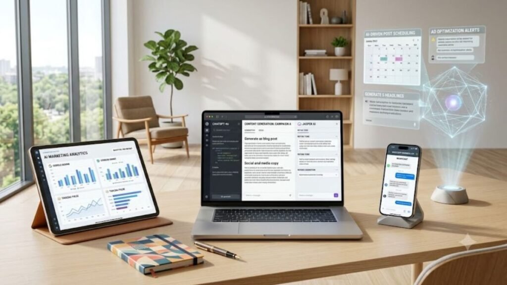 Computador exibindo ferramentas de inteligência artificial automatizando vendas, atendimento e processos de IA no marketing digital.