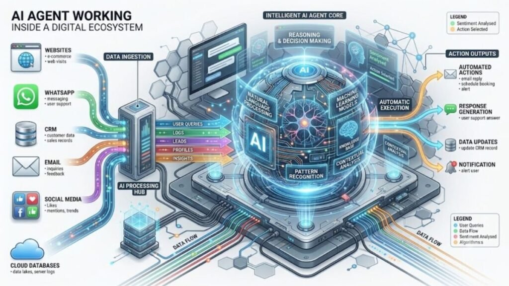 Diagrama mostrando como funcionam os agentes de IA no marketing digital, conectando dados, automação e inteligência artificial.