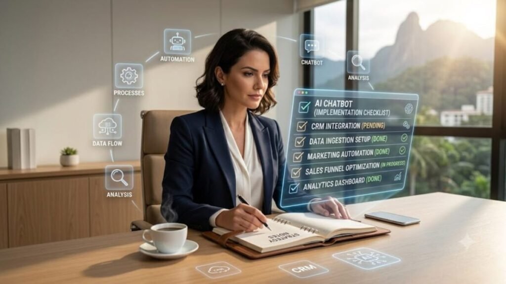 Profissional utilizando agentes de inteligência artificial e tecnologias avançadas para acompanhar as tendências do IA no marketing digital e da automação nos próximos anos.