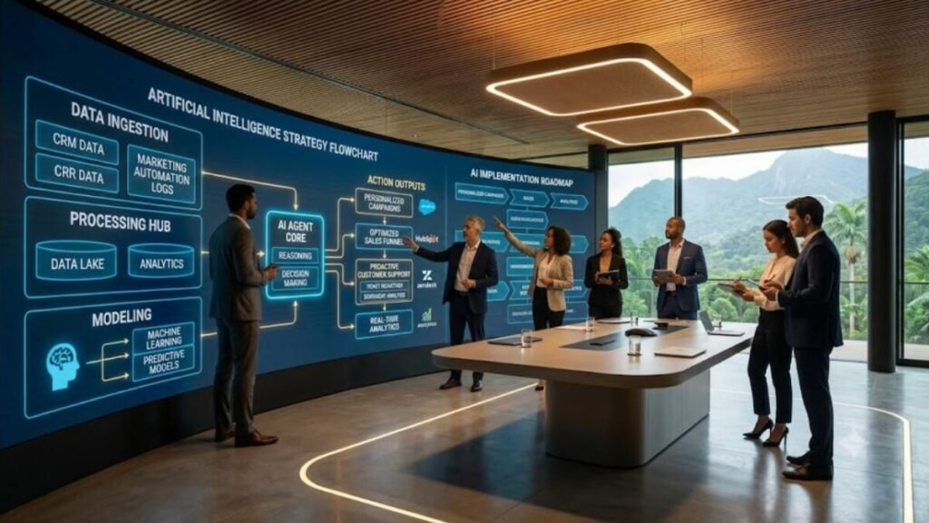 Equipe de IA no marketing utilizando agentes de inteligência artificial para aumentar a produtividade, automatizar processos e otimizar campanhas digitais.