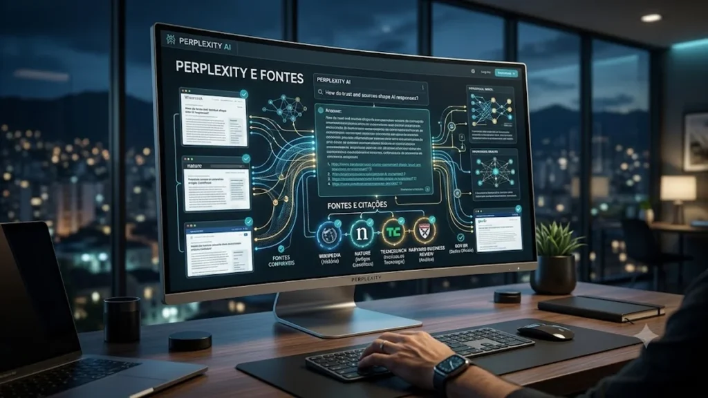 Perplexity utilizando fontes e citações em respostas de inteligência artificial