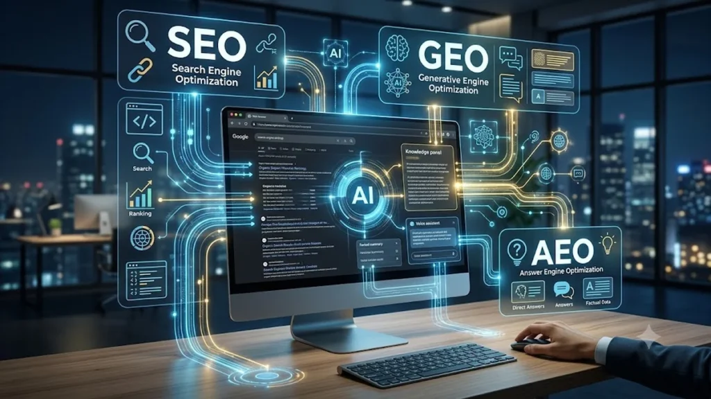 Diferenças entre SEO, GEO e AEO na inteligência artificial